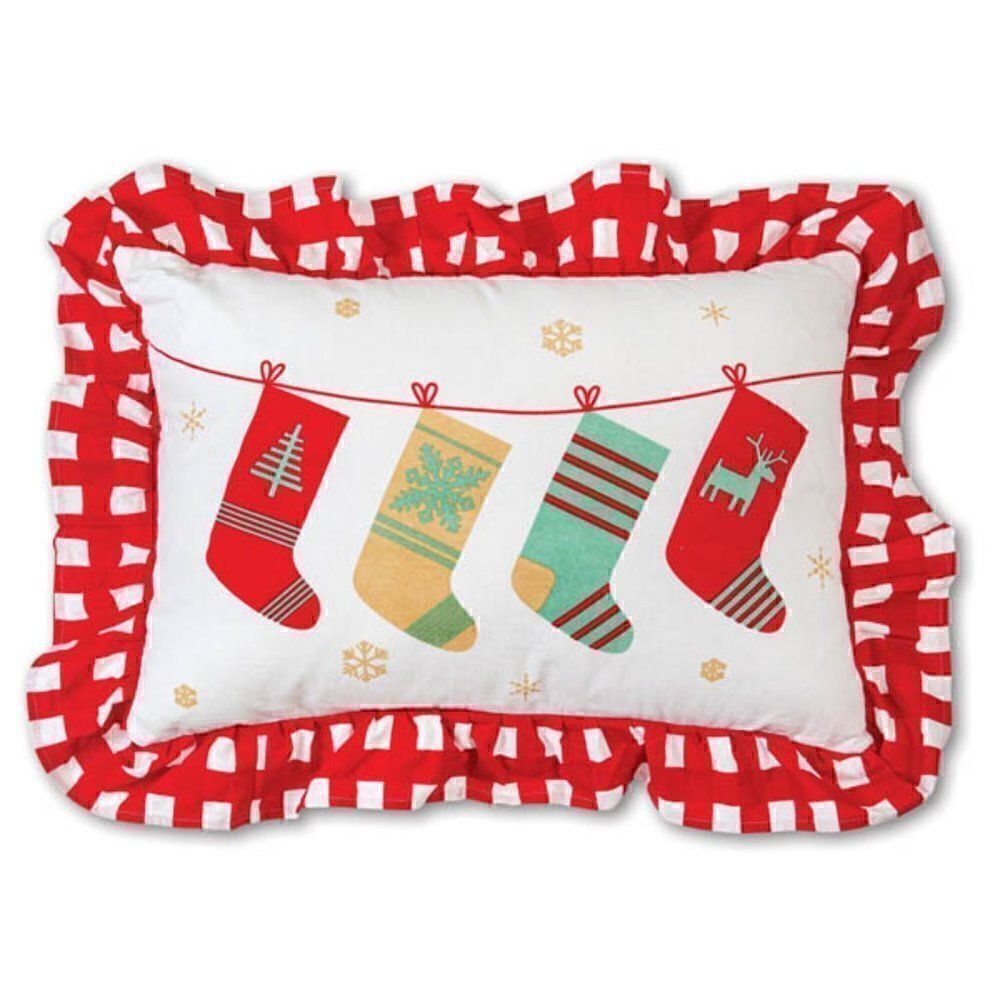 Christmas Stocking Buffalo Plaid Large Ruffled Throw Pillow Holiday Cottage New